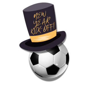 Soccer ball with a top hat saying New Year Kick-OFF!!